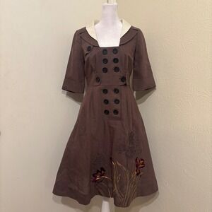 Floreat Double Breasted Brown Wool Blend Embroidered Coat Dress